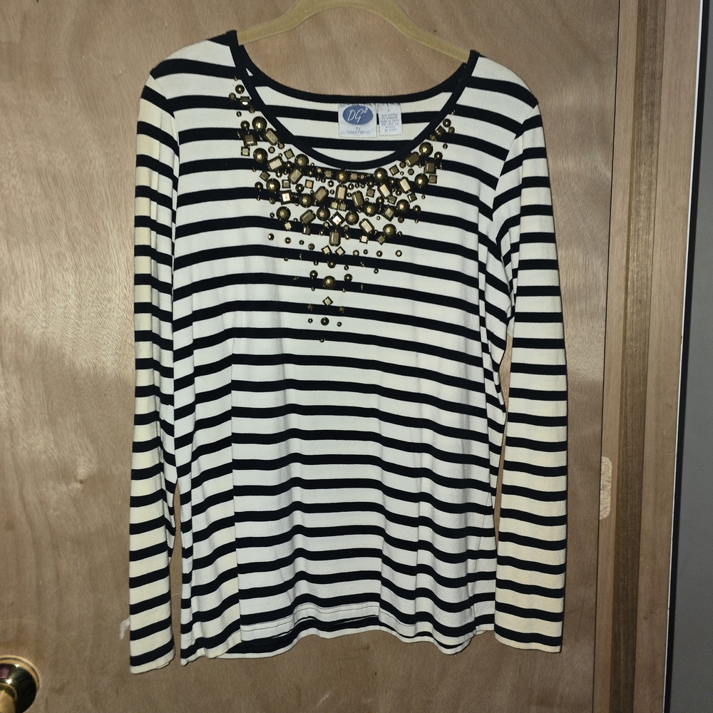 Diane Gilman Black and White Striped Top with Gold Embellishments